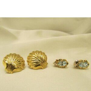14K Gold Vintage Blue Topaz Diamond Stud and Sea Shell shape earrings 2.40 grams